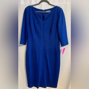 EUC CLASSIQUES ENTIER SZ 16 BLUE LINED SHEATH PONTE DRESS 3/4 SLEEVES Flattering